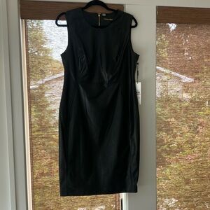 NWT Calvin Klein sleeveless black leather shift knee length dress. Size 12.